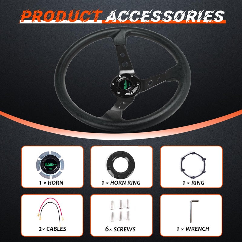 RASTP Universal Racing Steering Wheel,Drifting Deep Dish Steering Wheel 13.8â€/350mm 6 Bolts Grip Vinyl Leather & Aluminum with Horn Button for Car -Black - Image 4